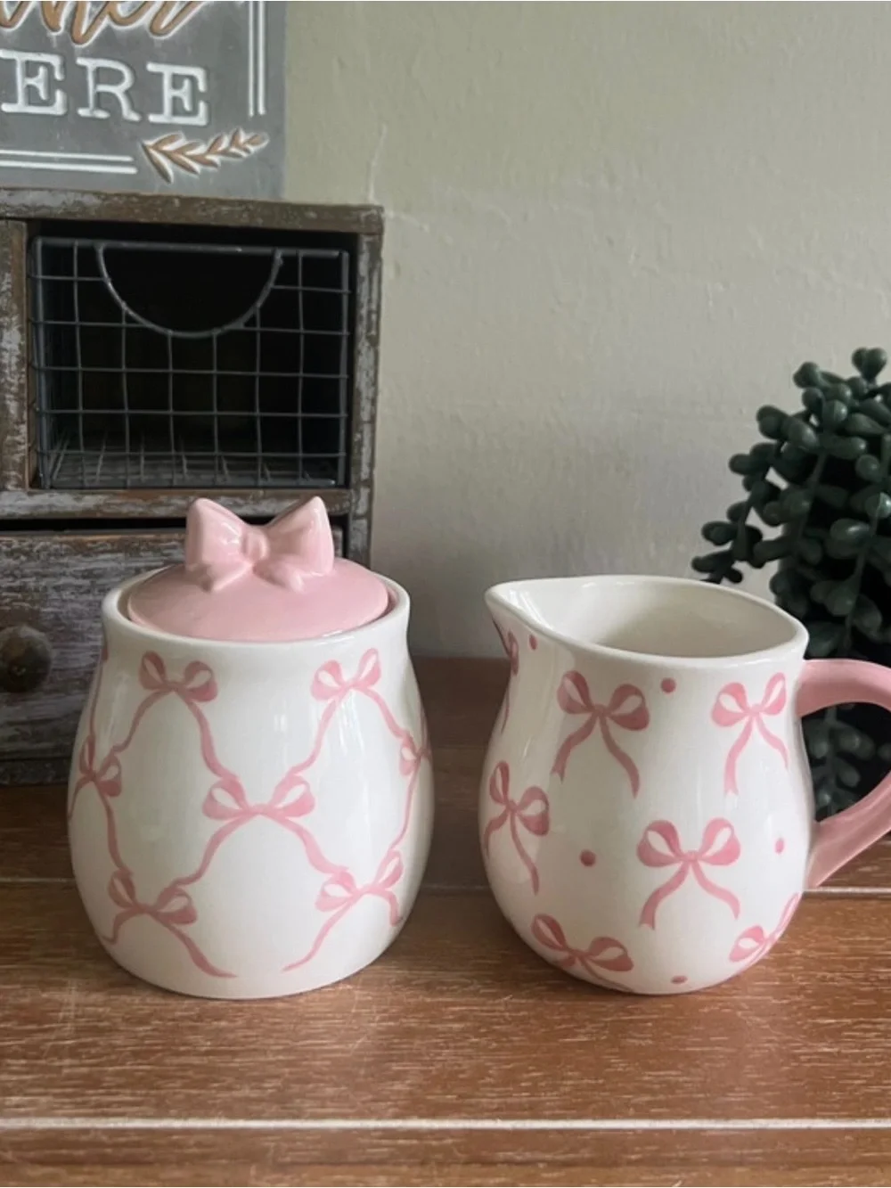 New Pink Bow Ceramic Sugar Bowl and Creamer